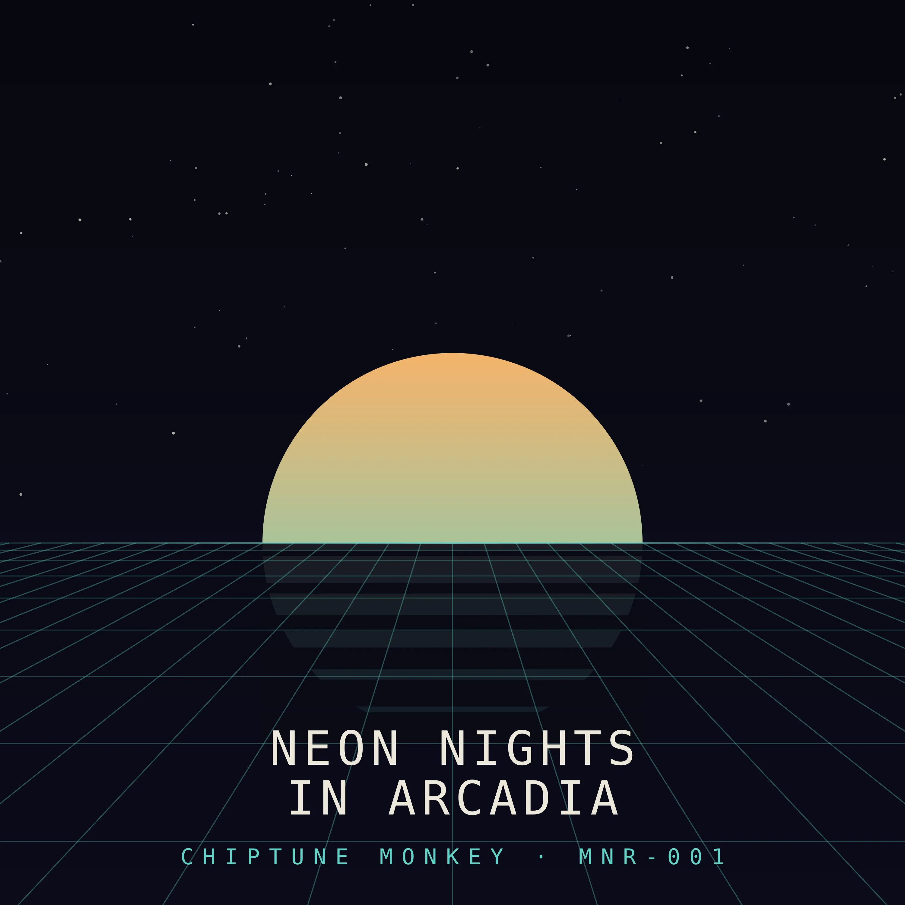 Retro pixel sun over a glowing teal perspective grid, with the album title in chunky monospace lettering.